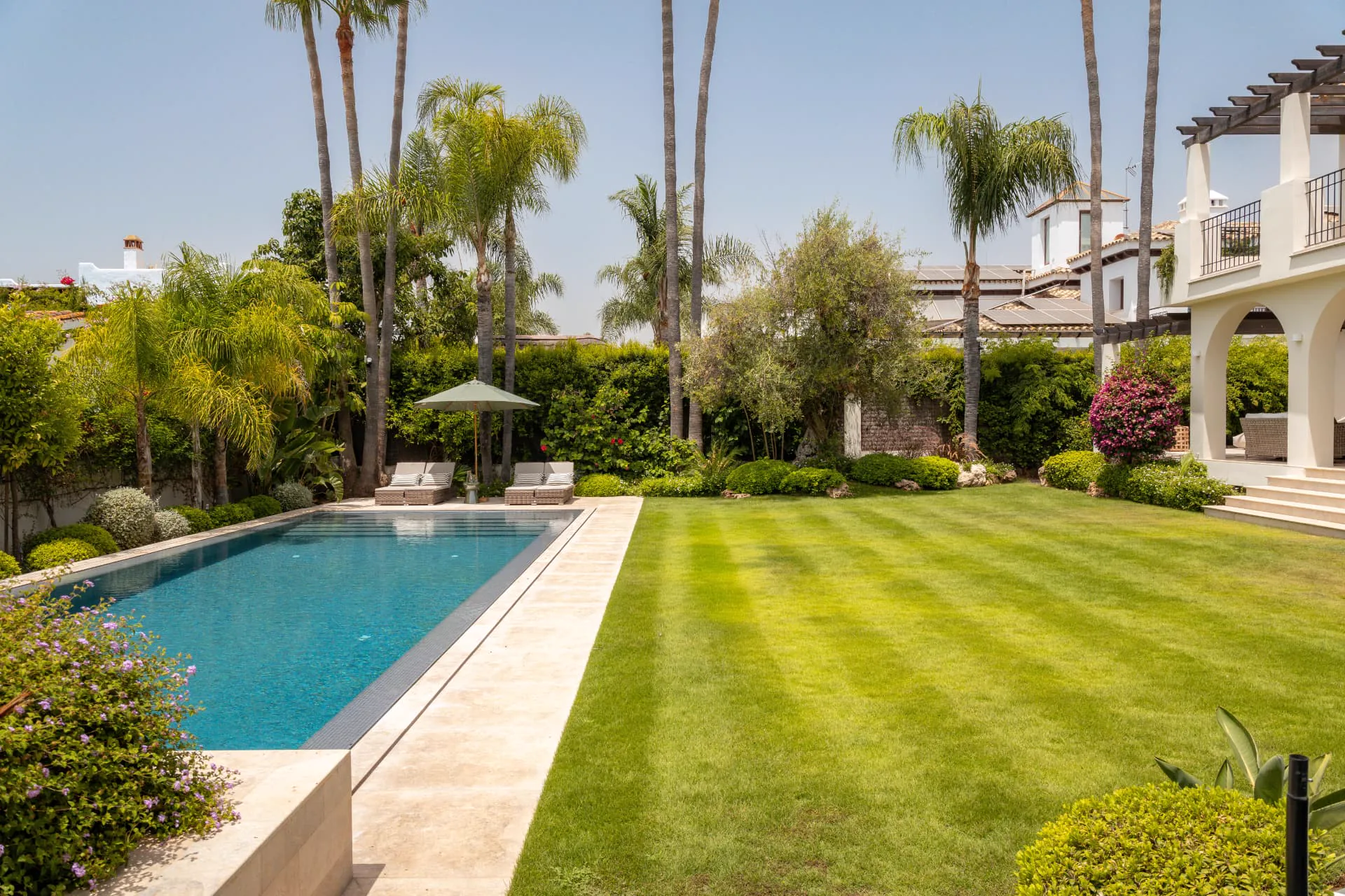 The full-length saltwater pool beside the lawn, sun loungers shaded by a parasol